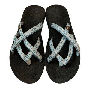 Teva olowahu Sandals Womens 8 Teal Blue Black Flip Flips Shoes Patterned